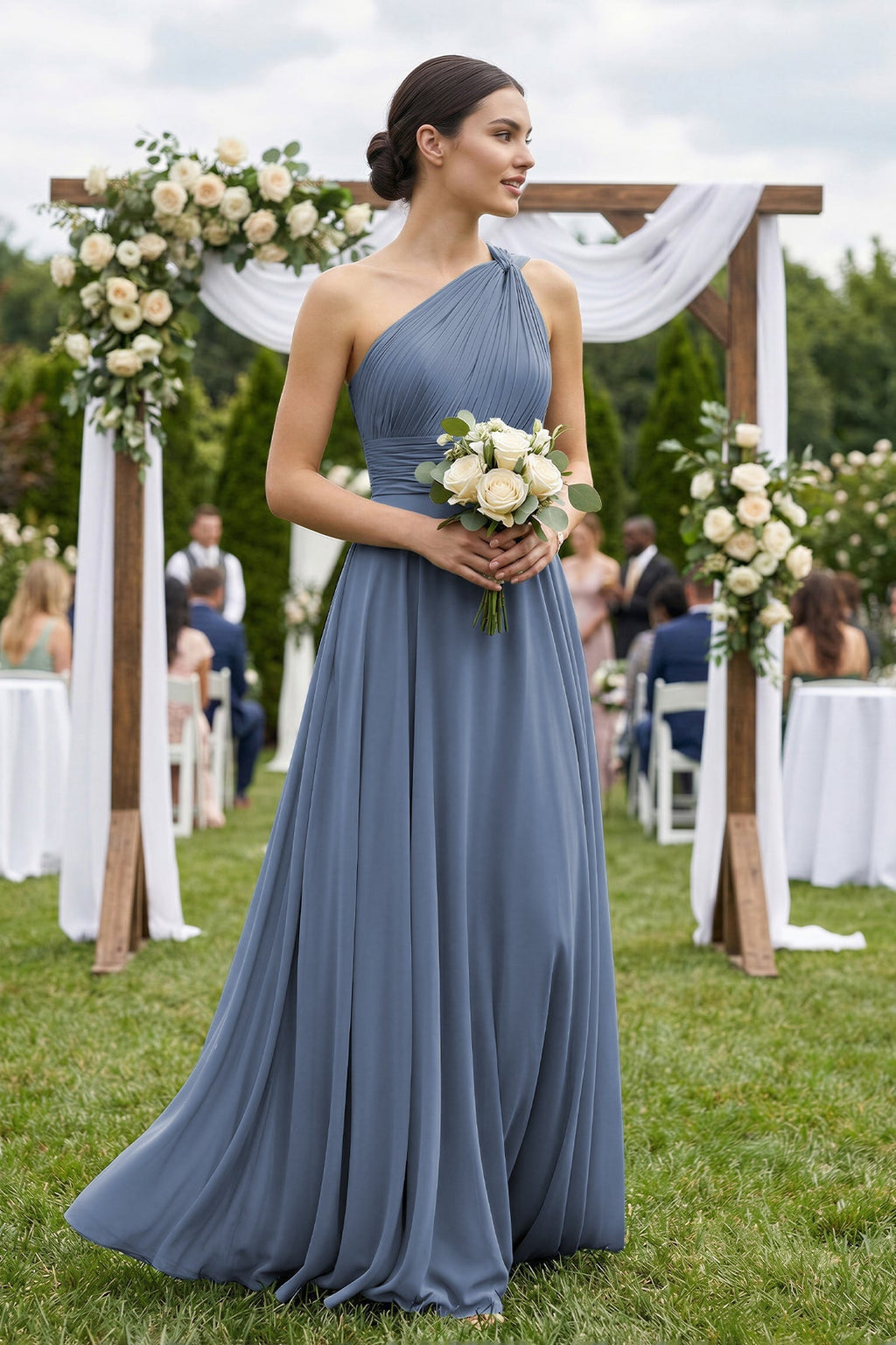 One - Shoulder A - Line Pleated Chiffon Bridesmaid Dress in Neptune - SHE IS ME Bridesmaid Dresses