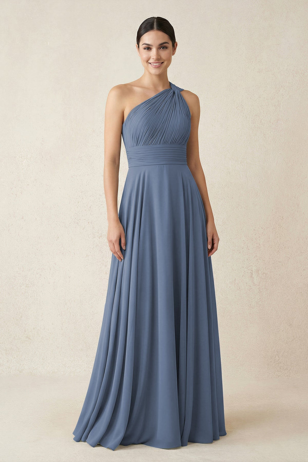One - Shoulder A - Line Pleated Chiffon Bridesmaid Dress in Neptune - SHE IS ME Bridesmaid Dresses