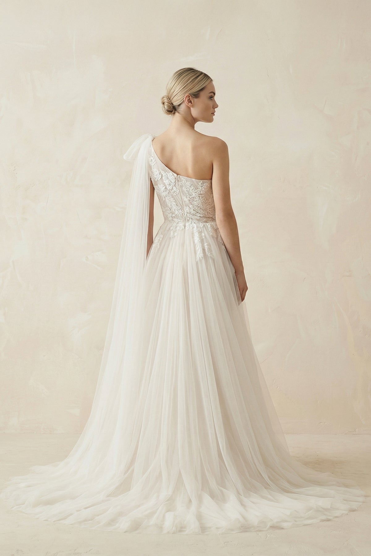One Shoulder A Line Tulle Wedding Dress With Appliques in Ivory - SHE IS ME Wedding Dresses