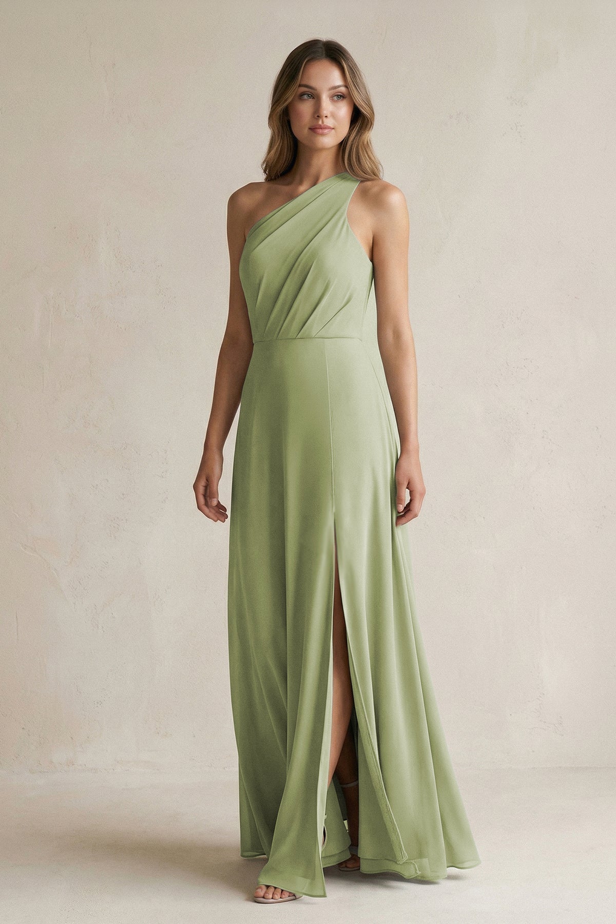 One-Shoulder Chiffon A-Line Bridesmaid Dress With Slit in Moss Green - SHE IS ME BRIDESMAID DRESSES