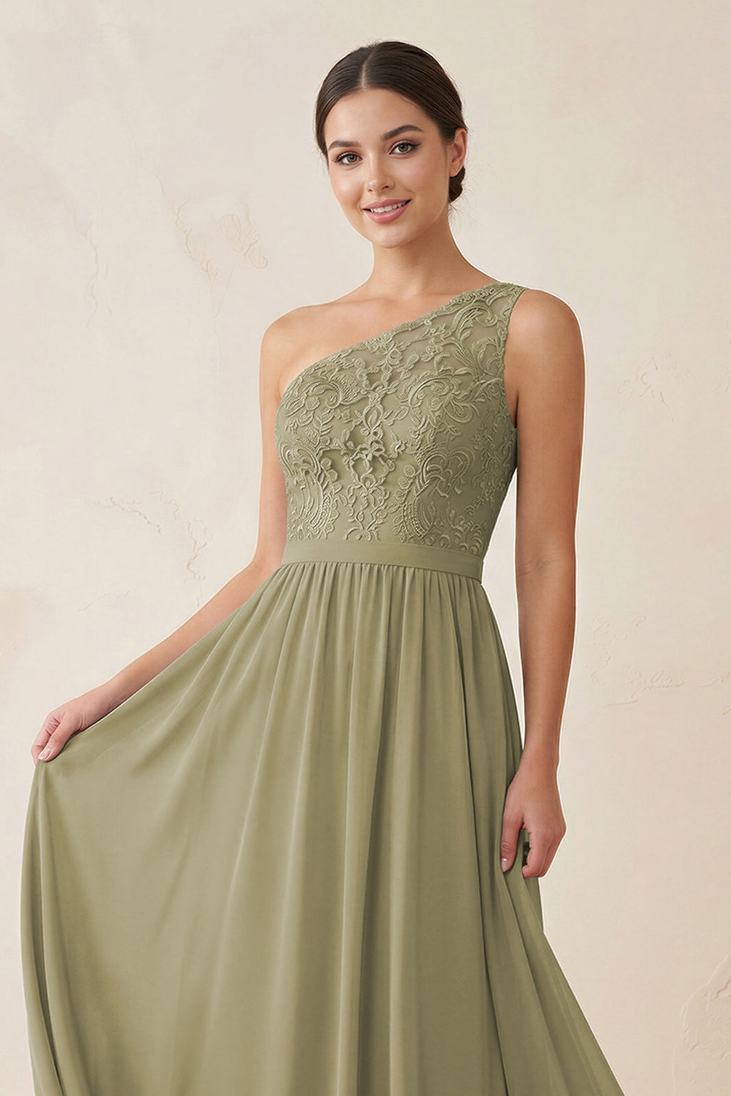 One - Shoulder Lace Chiffon A - Line Bridesmaid Dress - SHE IS ME Bridesmaid Dresses