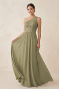 One - Shoulder Lace Chiffon A - Line Bridesmaid Dress - SHE IS ME Bridesmaid Dresses