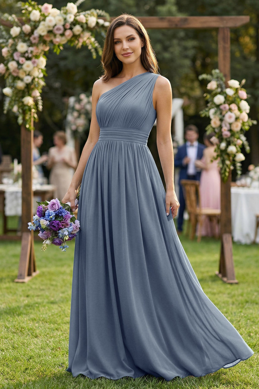 One - Shoulder Pleated A - Line Chiffon Bridesmaid Dress - SHE IS ME Bridesmaid Dresses
