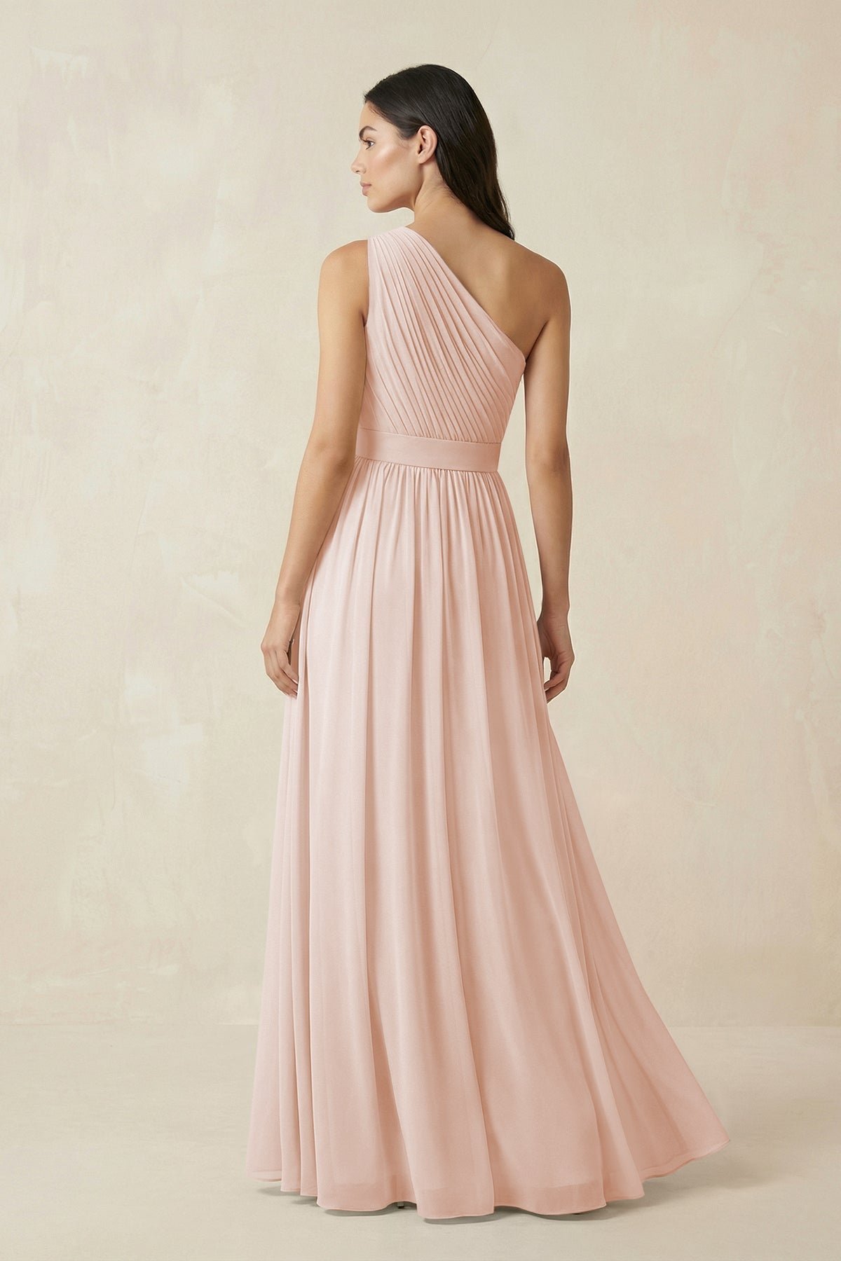 One - Shoulder Pleated Chiffon Bridesmaid Gown in Pale Blush - SHE IS ME Bridesmaid Dresses