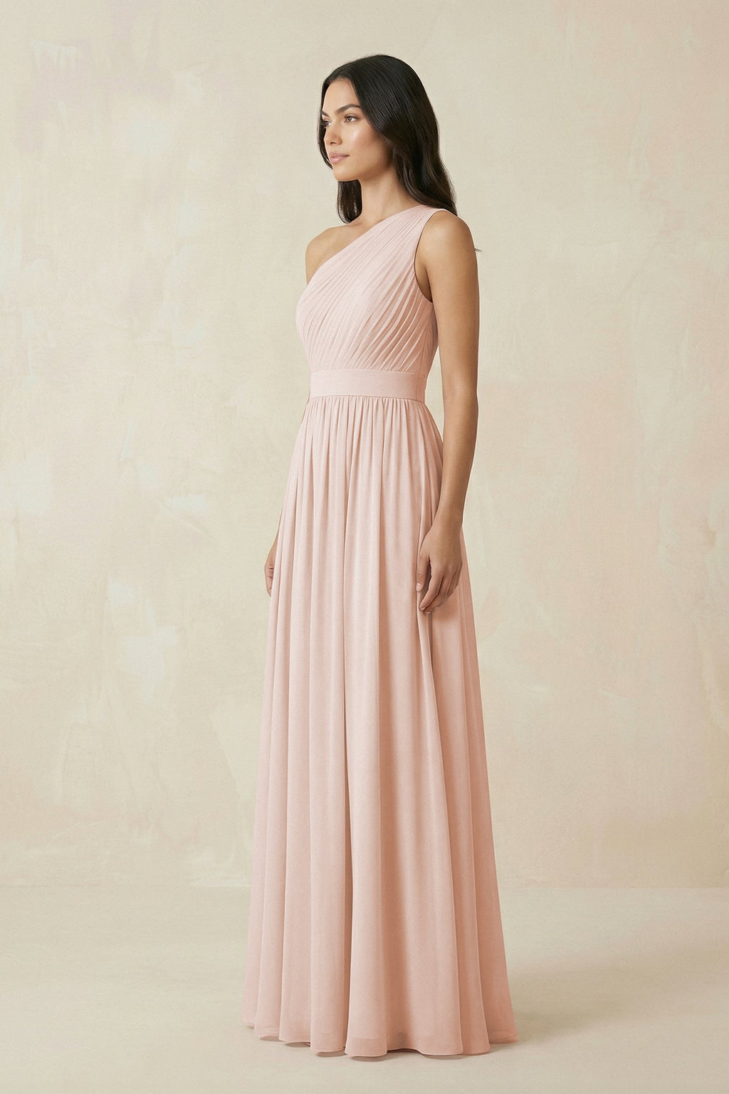 One - Shoulder Pleated Chiffon Bridesmaid Gown in Pale Blush - SHE IS ME Bridesmaid Dresses