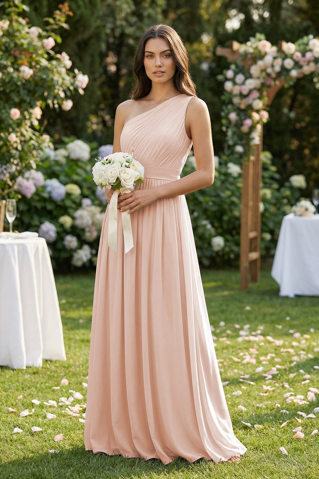 One - Shoulder Pleated Chiffon Bridesmaid Gown in Pale Blush - SHE IS ME Bridesmaid Dresses