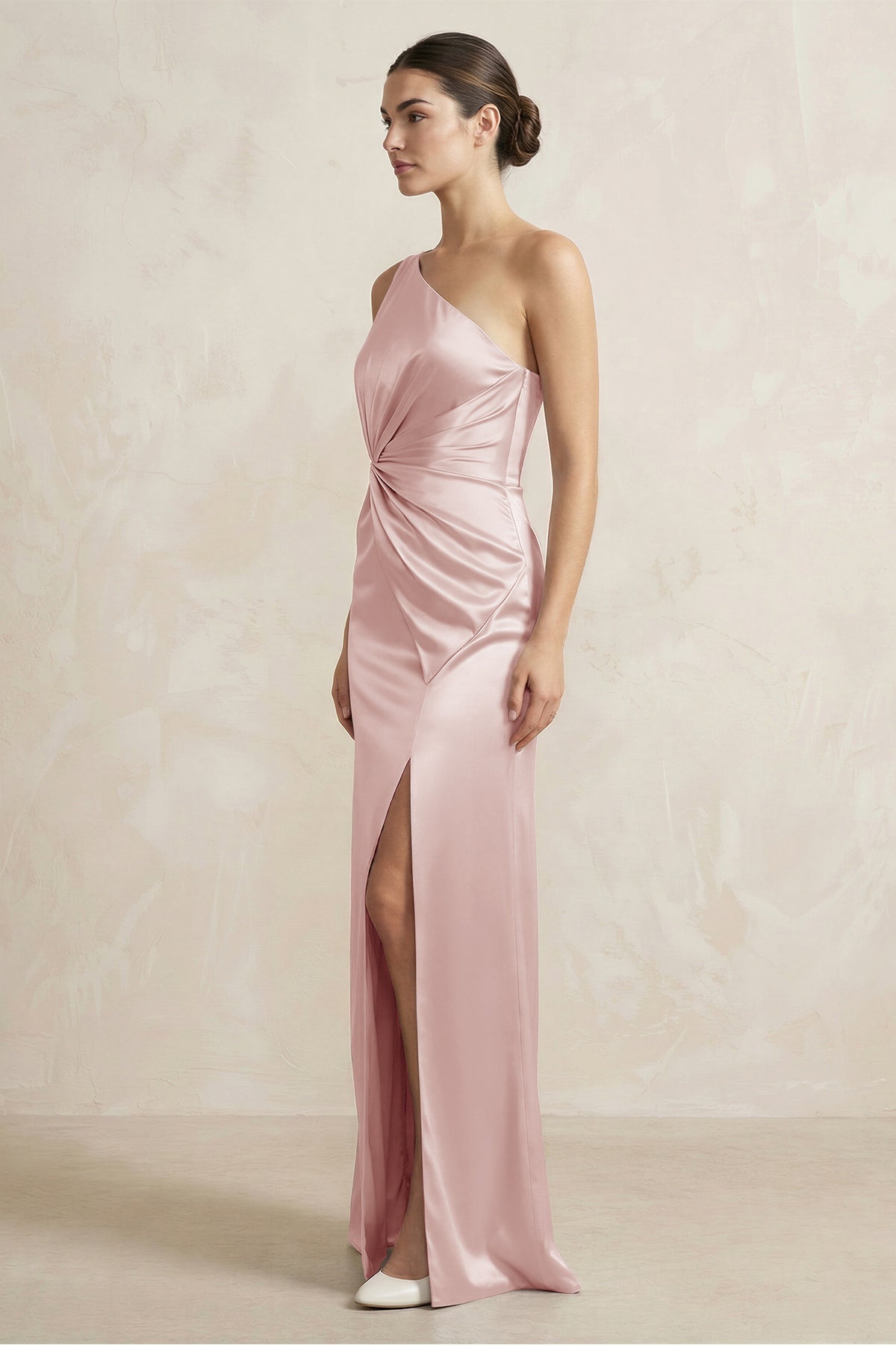 One - Shoulder Ruched Sheath Satin Bridesmaid Dress in English Rose - SHE IS ME Bridesmaid Dresses