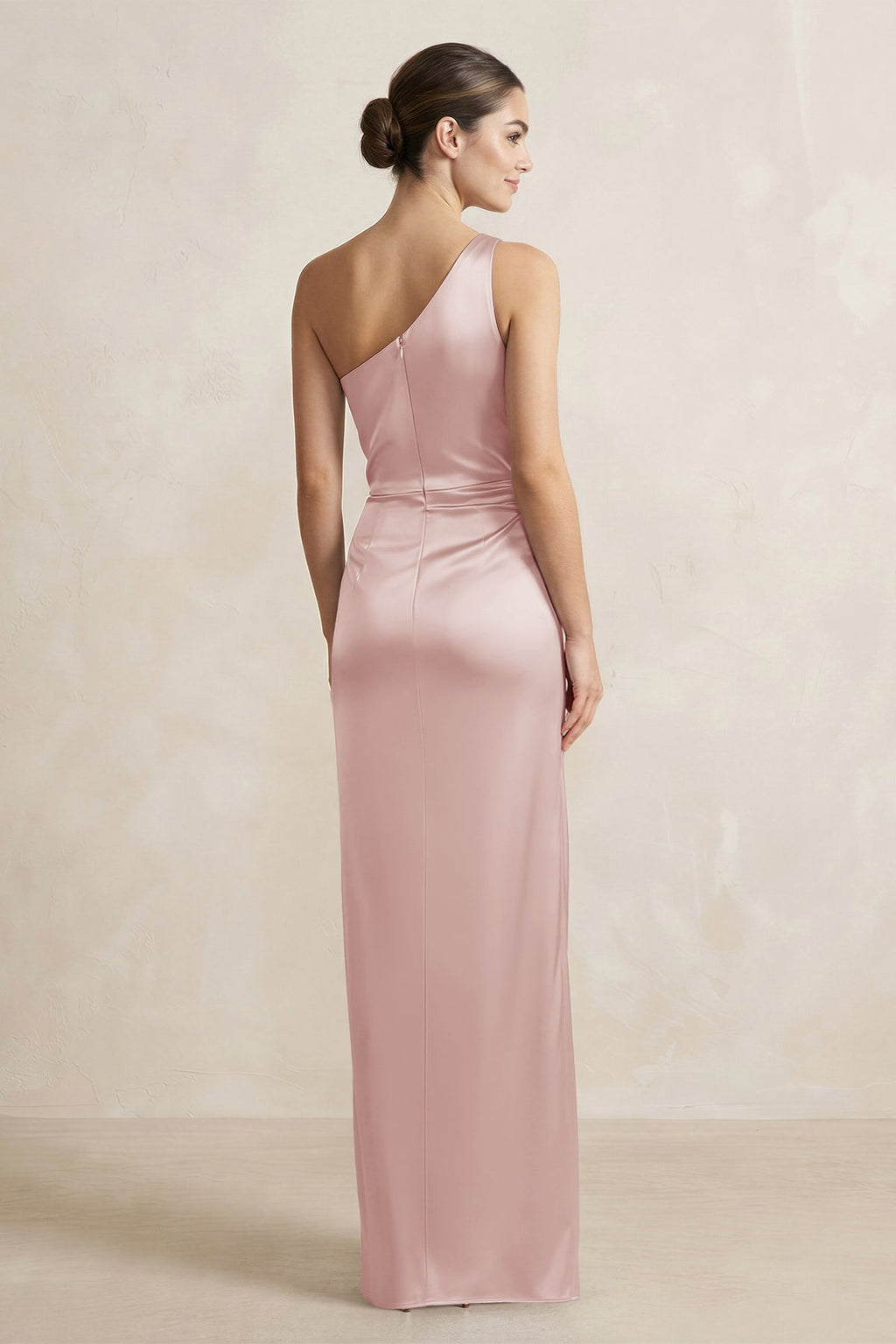 One - Shoulder Ruched Sheath Satin Bridesmaid Dress in English Rose - SHE IS ME Bridesmaid Dresses