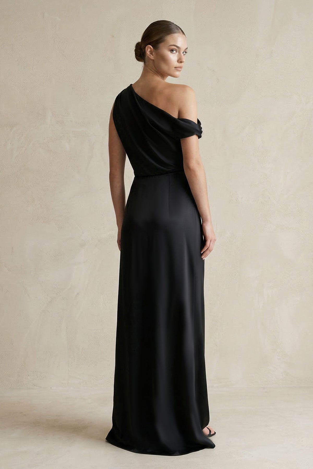 One - Shoulder Satin Sheath Bridesmaid Dress With Slit in Black - SHE IS ME Bridesmaid Dresses