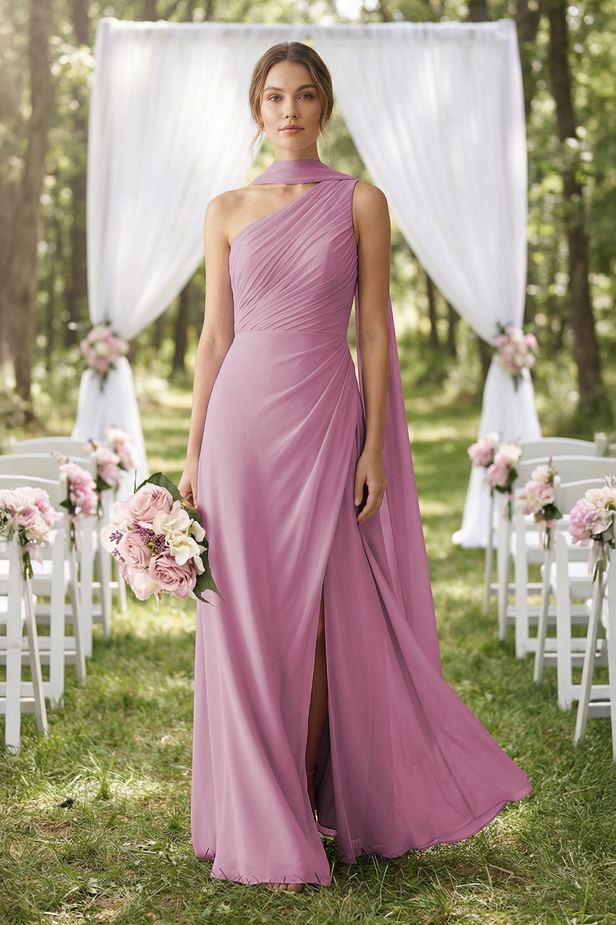 One - Shoulder Sheath Chiffon Bridesmaid Dress with Ribbon in Vintage Mauve - SHE IS ME Bridesmaid Dresses