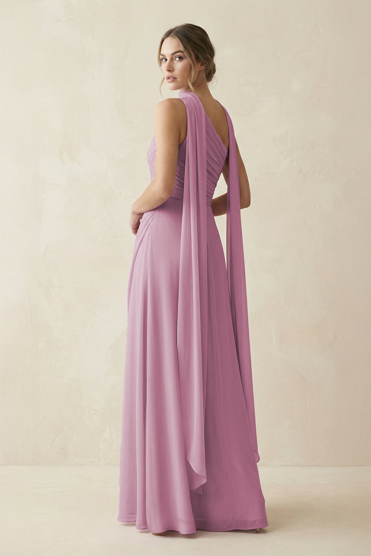 One - Shoulder Sheath Chiffon Bridesmaid Dress with Ribbon in Vintage Mauve - SHE IS ME Bridesmaid Dresses