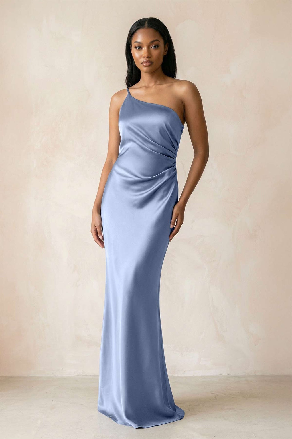 One - Shoulder Sheath Ruched Bridesmaid Dress in Mist - SHE IS ME Bridesmaid Dresses