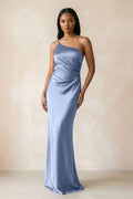 One - Shoulder Sheath Ruched Bridesmaid Dress in Mist - SHE IS ME Bridesmaid Dresses