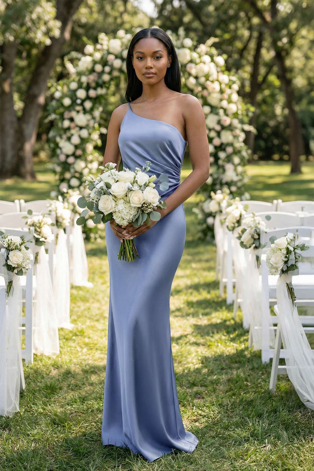 One - Shoulder Sheath Ruched Bridesmaid Dress in Mist - SHE IS ME Bridesmaid Dresses