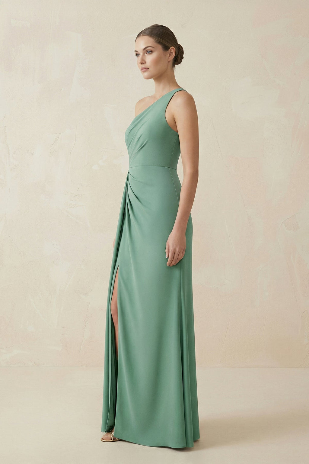 One - Shoulder Sheath Ruched Bridesmaid Dress With Slit in Mint Green - SHE IS ME Bridesmaid Dresses