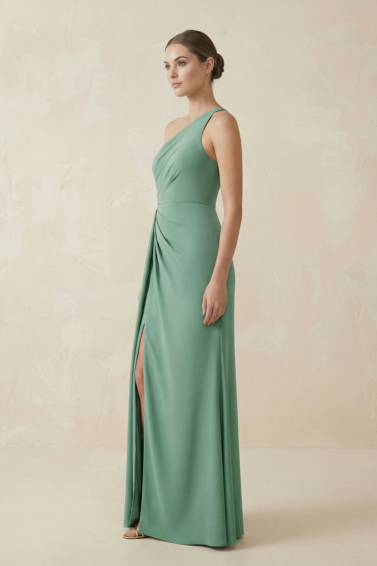 One - Shoulder Sheath Ruched Bridesmaid Dress With Slit in Mint Green - SHE IS ME Bridesmaid Dresses