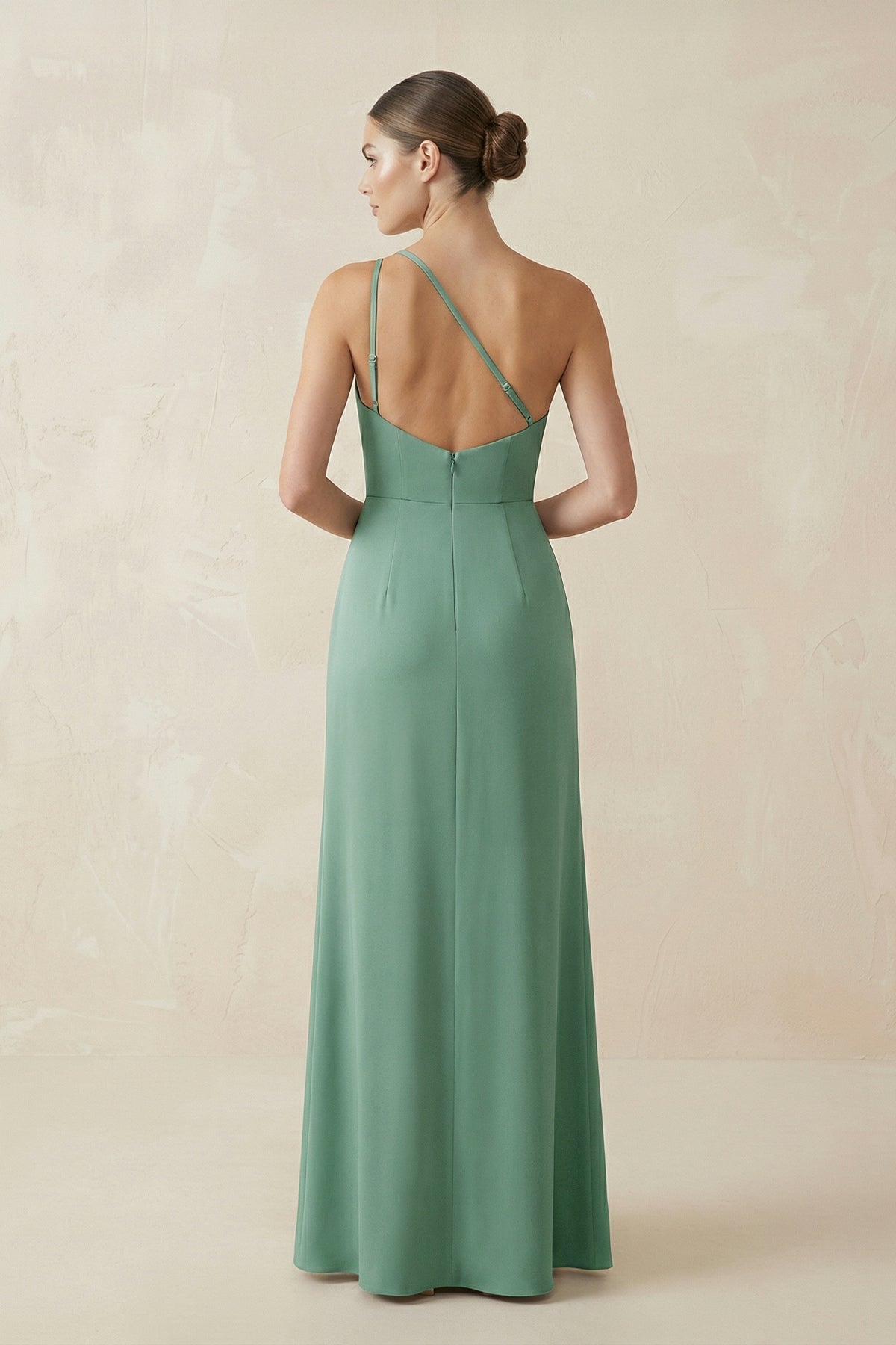One - Shoulder Sheath Ruched Bridesmaid Dress With Slit in Mint Green - SHE IS ME Bridesmaid Dresses