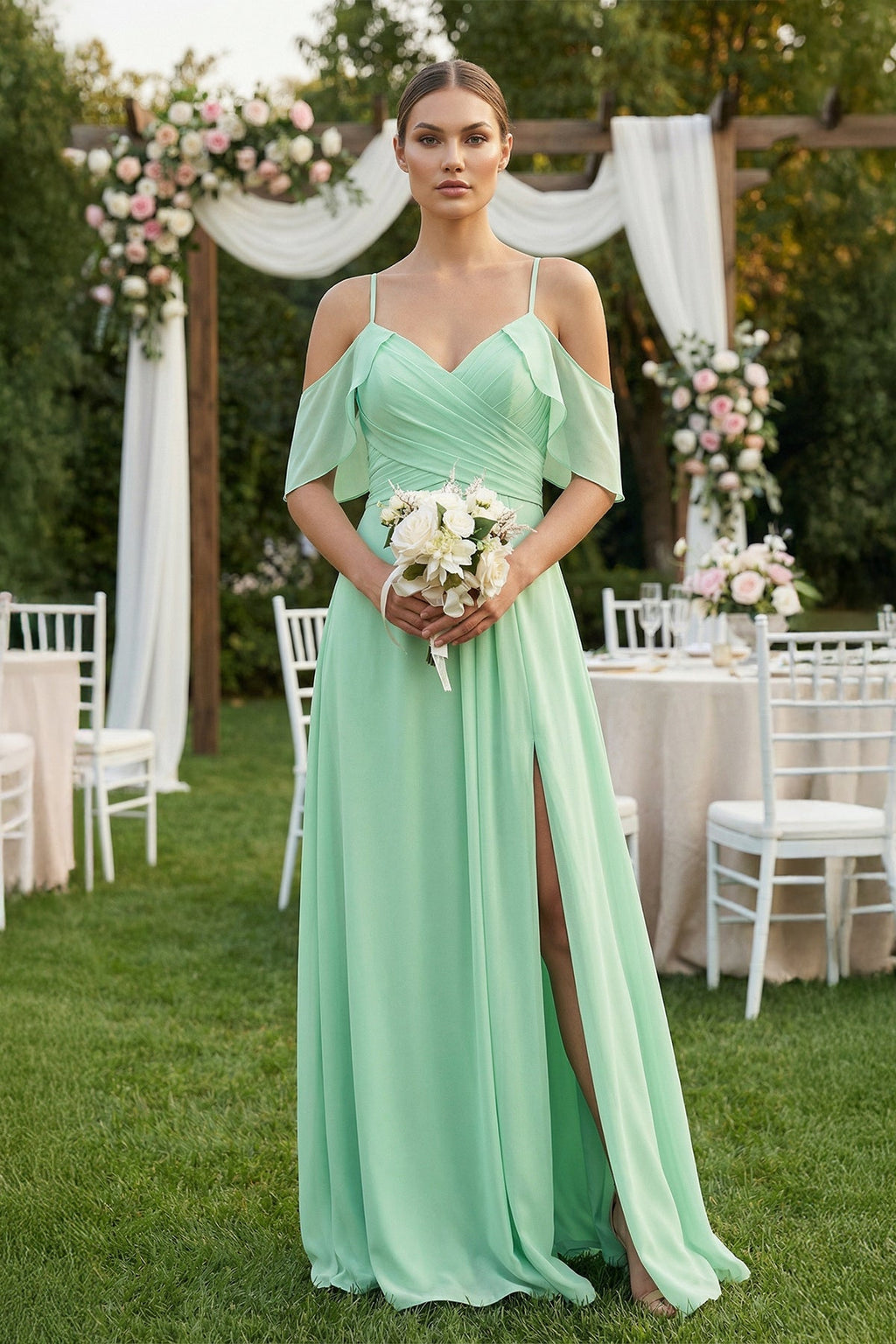 Chiffon A-Line Long Bridesmaid Dress in Pale Pistachio - SHE IS ME BRIDESMAID DRESSES