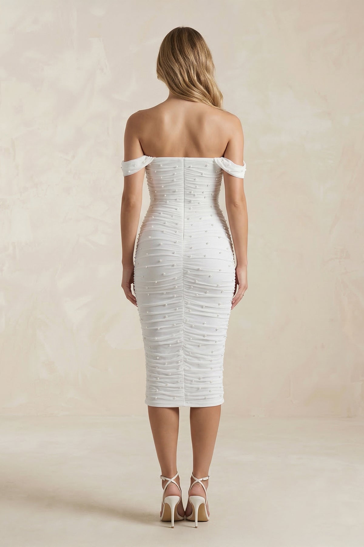 Pearl Off - the - Shoulder Sheath Ruched Midi Wedding Dress in White - SHE IS ME Wedding Dresses