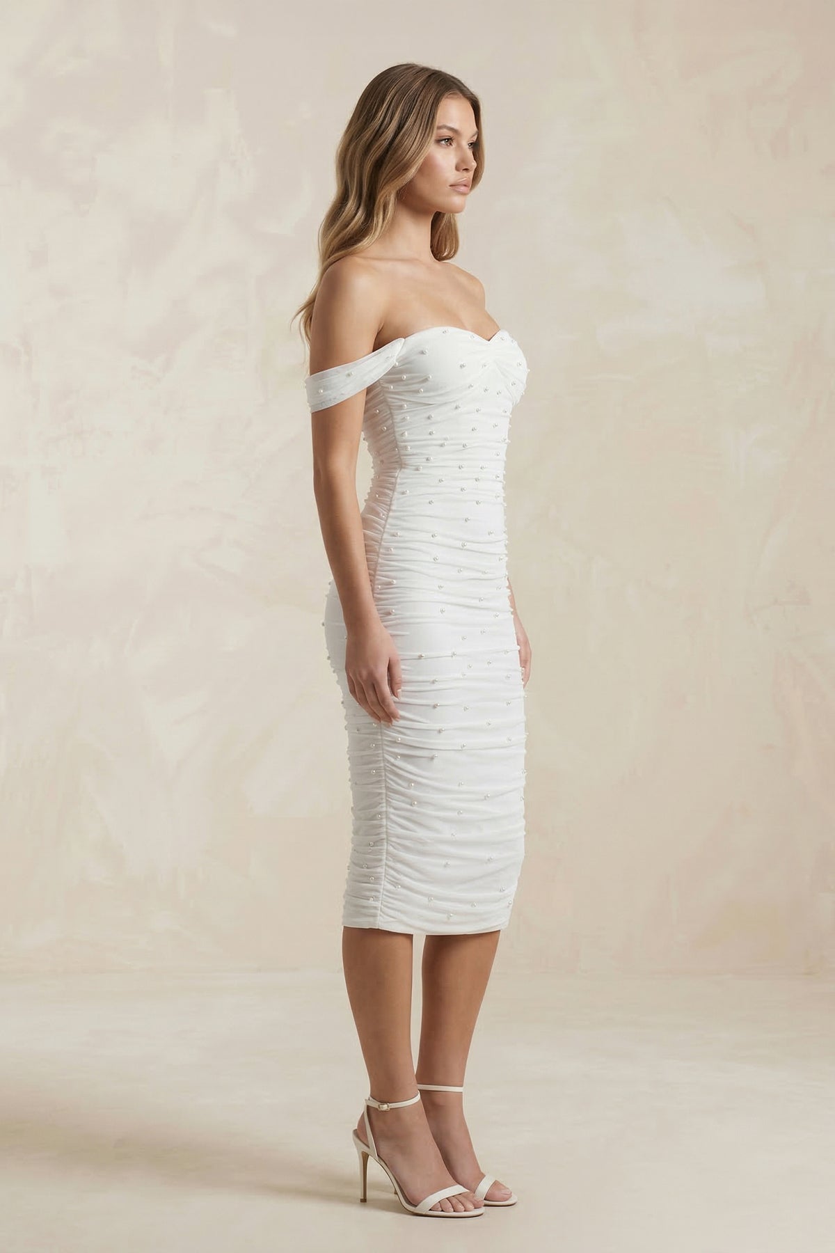 Pearl Off - the - Shoulder Sheath Ruched Midi Wedding Dress in White - SHE IS ME Wedding Dresses