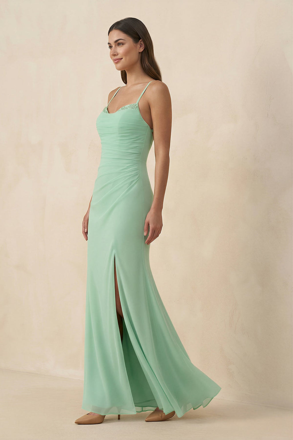Cami Strap Sheath Chiffon Bridesmaid Dress with Slit in Pale Pistachio - SHE IS ME BRIDESMAID DRESSES
