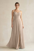 Pleated A-Line Long Chiffon Bridesmaid Dress in Almond