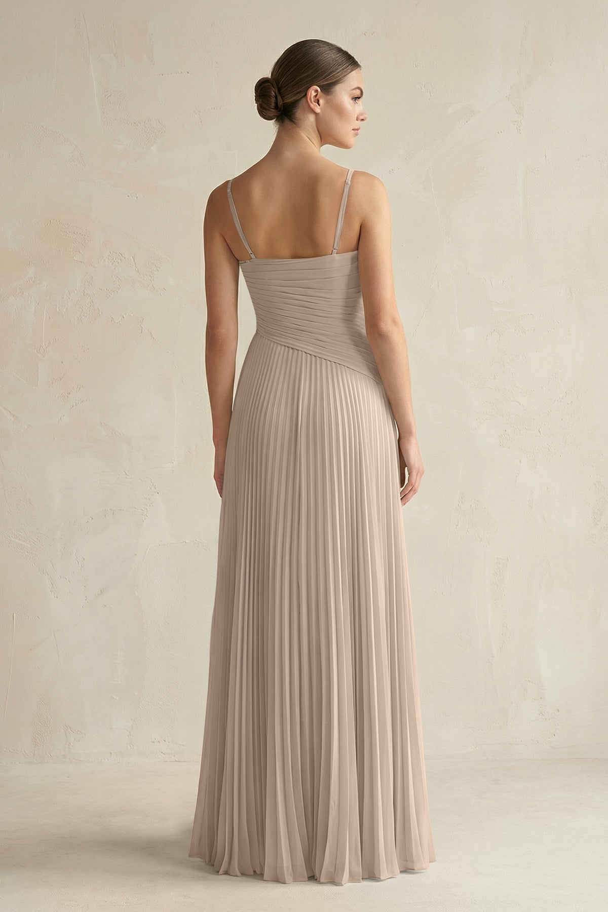 Pleated A-Line Long Chiffon Bridesmaid Dress in Almond