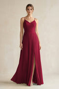Pleated A-Line Long Chiffon Bridesmaid Dress in Berry