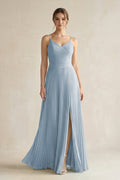 Pleated A-Line Long Chiffon Bridesmaid Dress in Dusty Blue