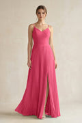 Pleated A-Line Long Chiffon Bridesmaid Dress in Fuchsia