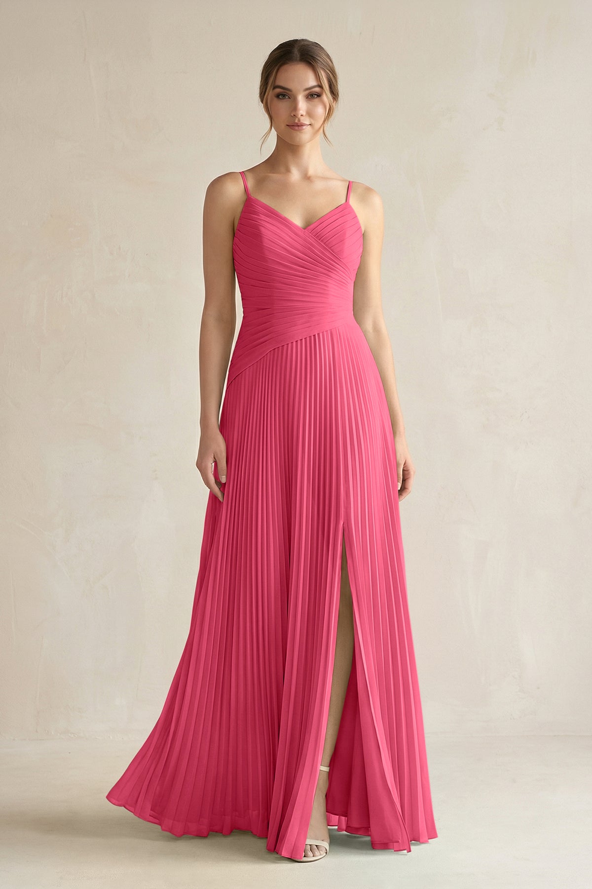 Pleated A-Line Long Chiffon Bridesmaid Dress in Fuchsia
