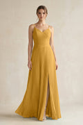 Pleated A-Line Long Chiffon Bridesmaid Dress in Marigold