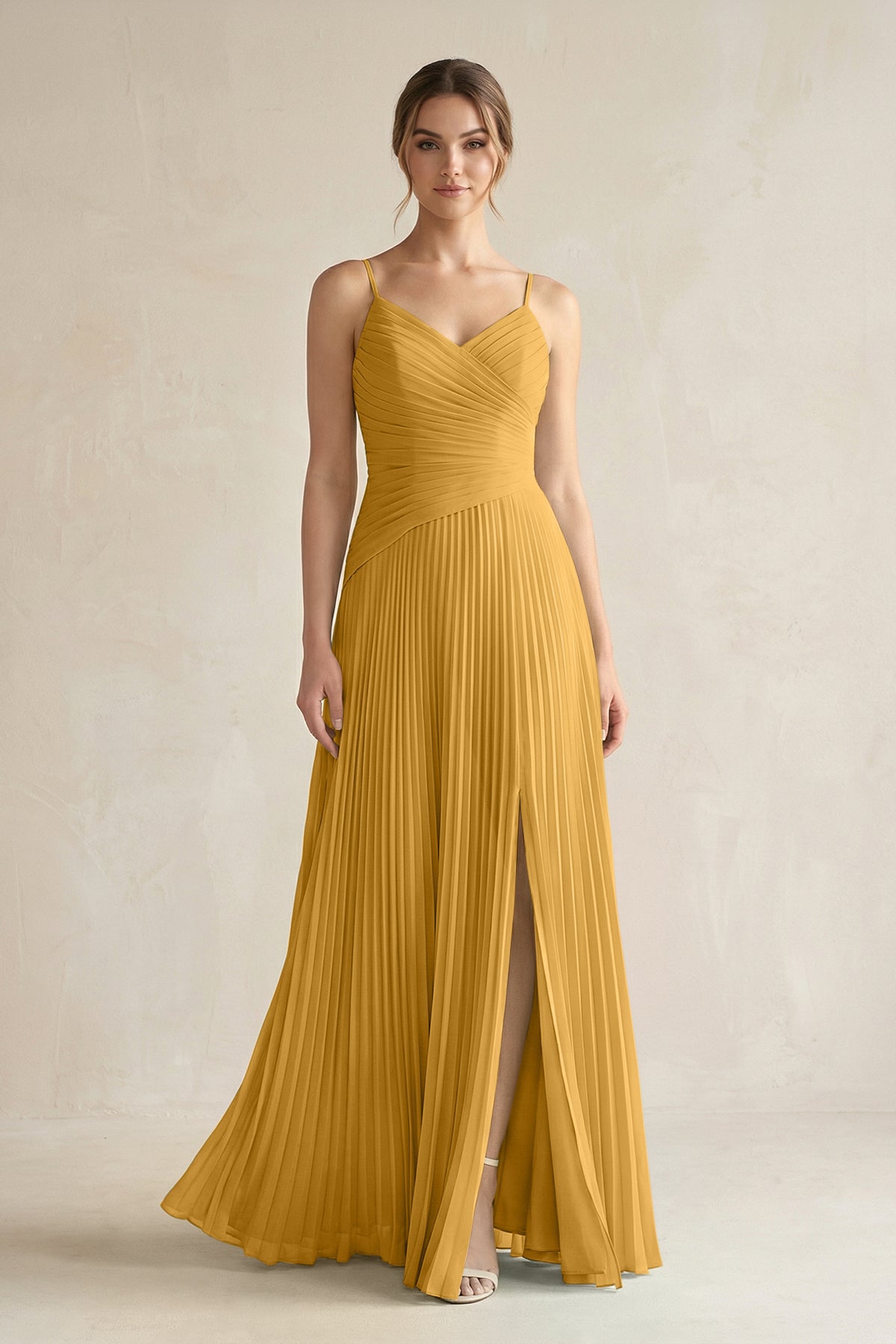 Pleated A-Line Long Chiffon Bridesmaid Dress in Marigold