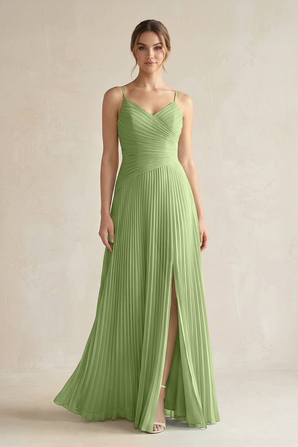 Pleated A-Line Long Chiffon Bridesmaid Dress in Matcha