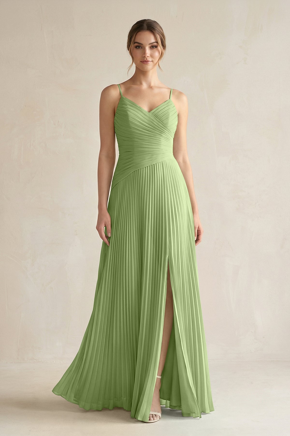Pleated A-Line Long Chiffon Bridesmaid Dress in Matcha
