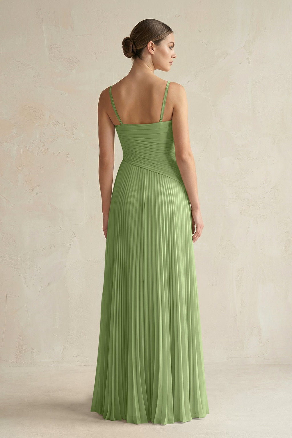 Pleated A-Line Long Chiffon Bridesmaid Dress in Matcha
