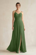 Pleated A-Line Long Chiffon Bridesmaid Dress in Moss