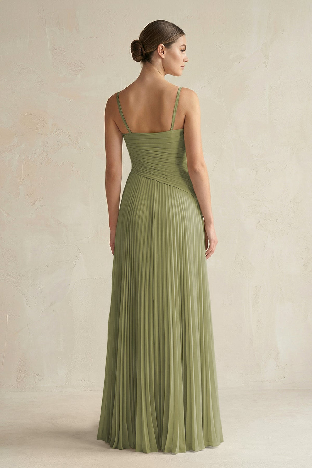Pleated A-Line Long Chiffon Bridesmaid Dress in Moss Green