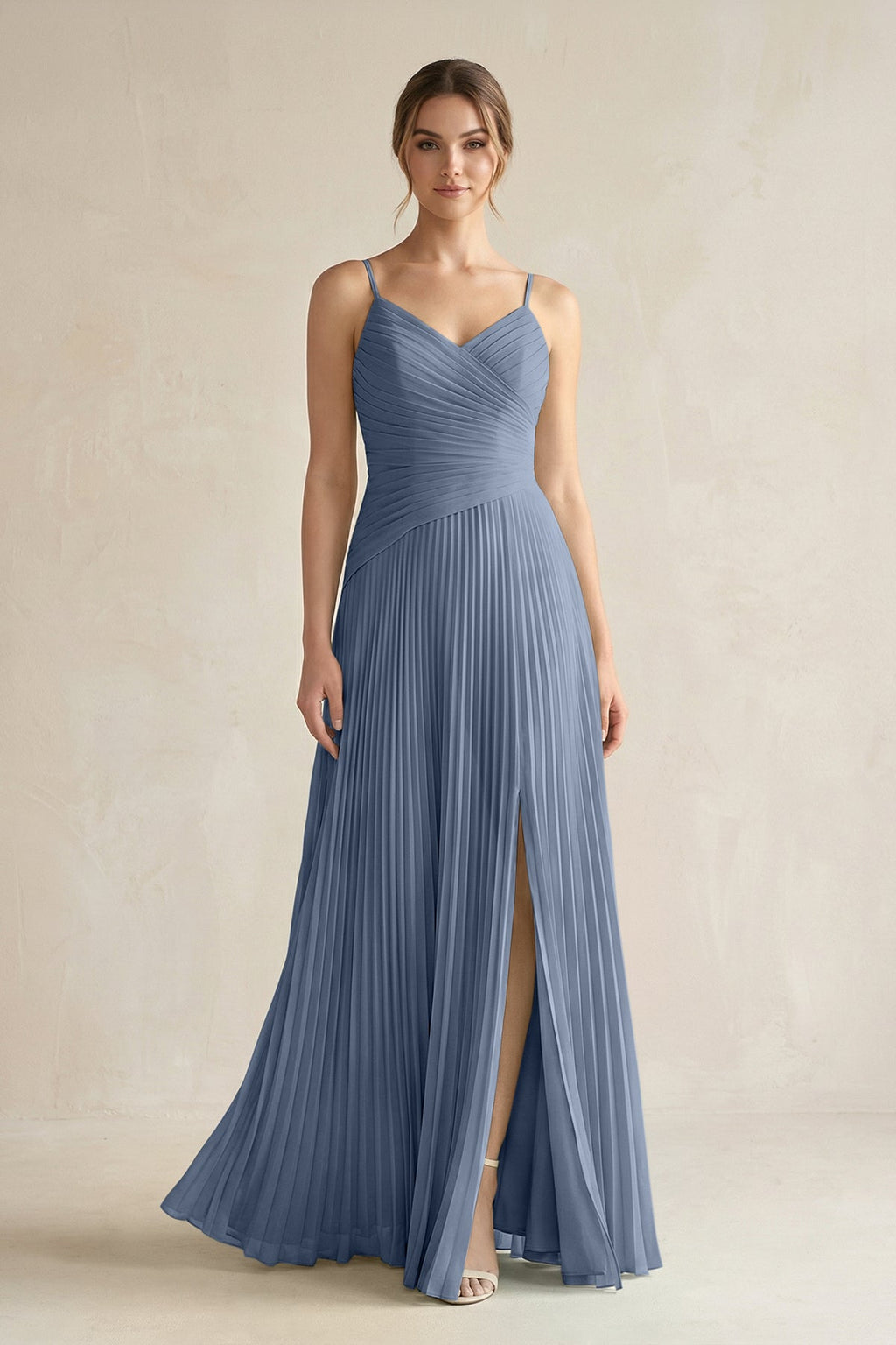 Pleated A-Line Long Chiffon Bridesmaid Dress in Neptune