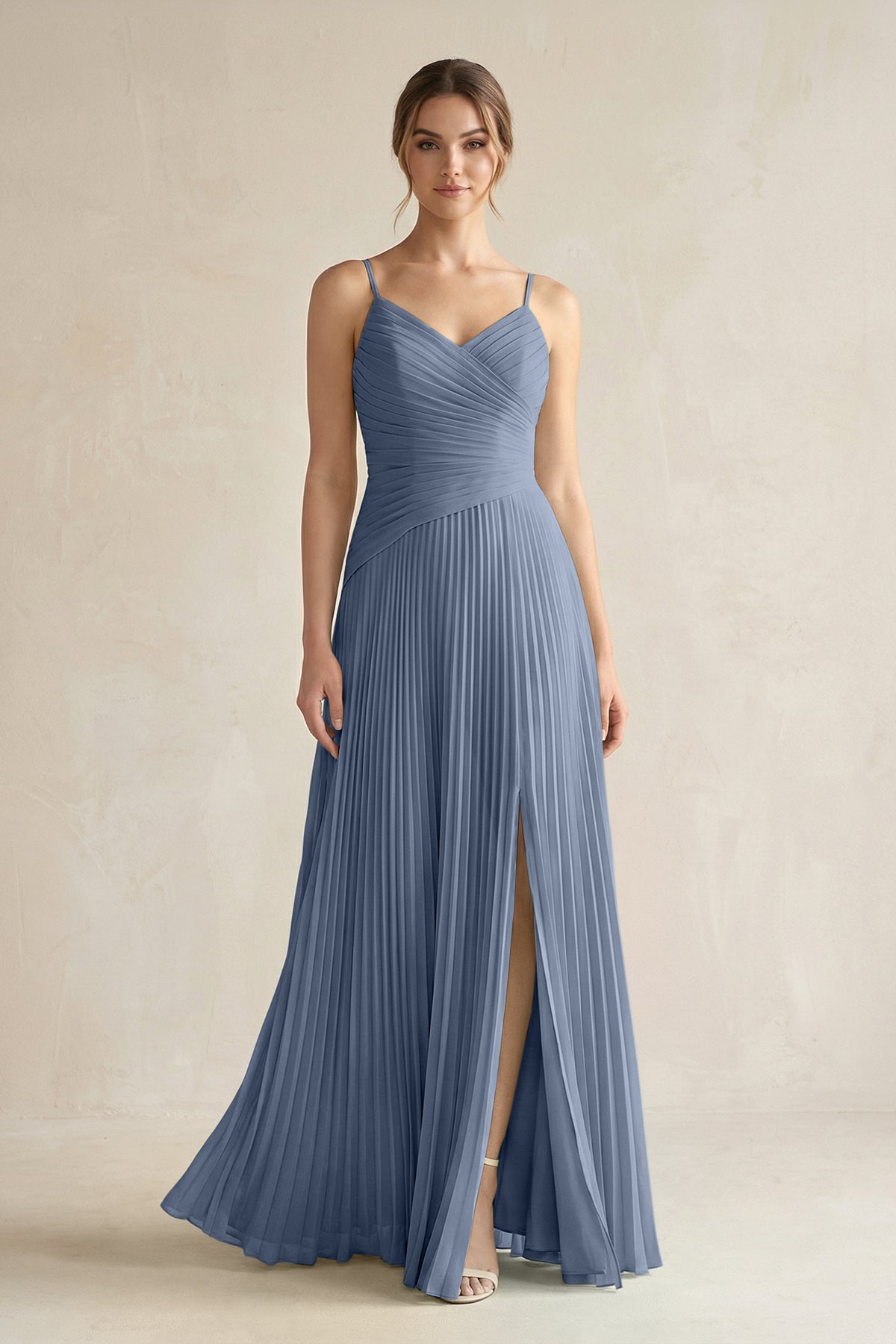 Pleated A-Line Long Chiffon Bridesmaid Dress in Neptune