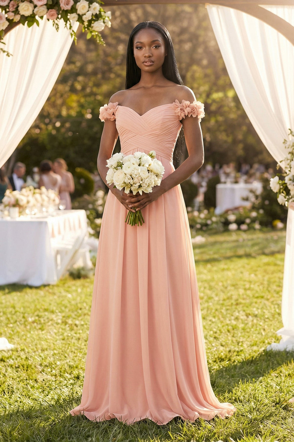 Pleated Off - the - Shoulder A - Line Chiffon Bridesmaid Dress in English Rose - SHE IS ME Bridesmaid Dresses
