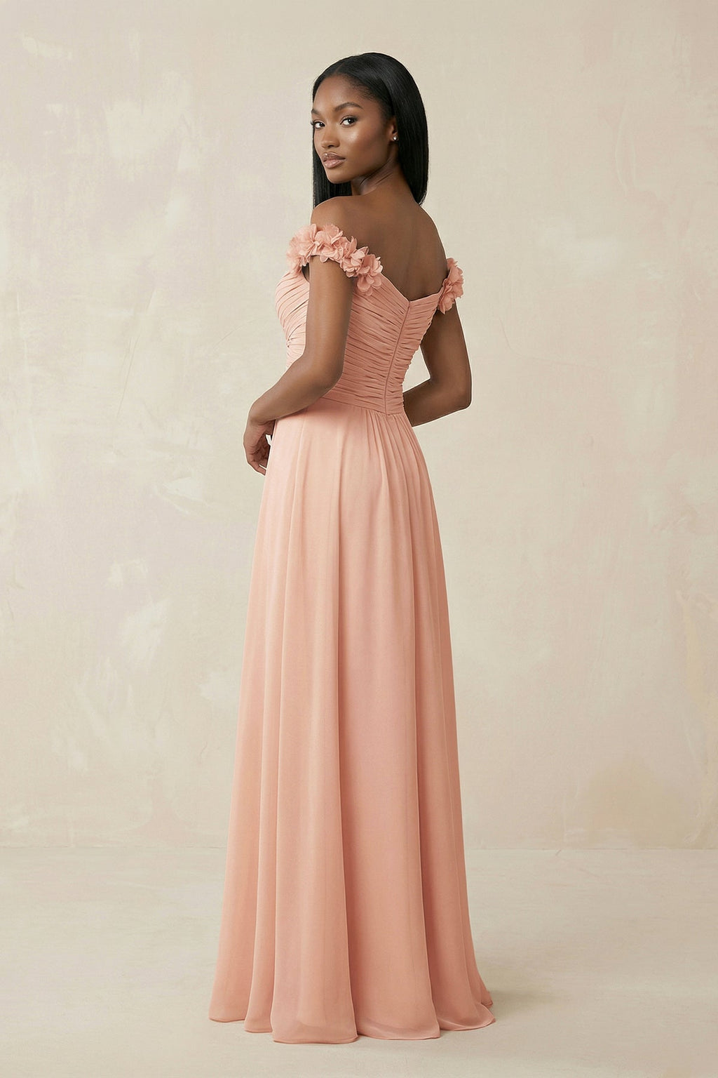 Pleated Off - the - Shoulder A - Line Chiffon Bridesmaid Dress in English Rose - SHE IS ME Bridesmaid Dresses