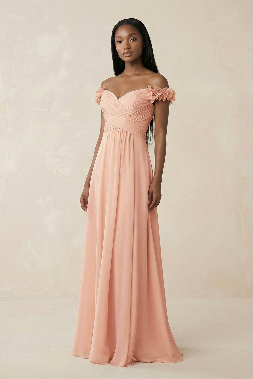 Pleated Off - the - Shoulder A - Line Chiffon Bridesmaid Dress in English Rose - SHE IS ME Bridesmaid Dresses