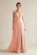 Pleated A-Line Long Chiffon Bridesmaid Dress in Rose Petal