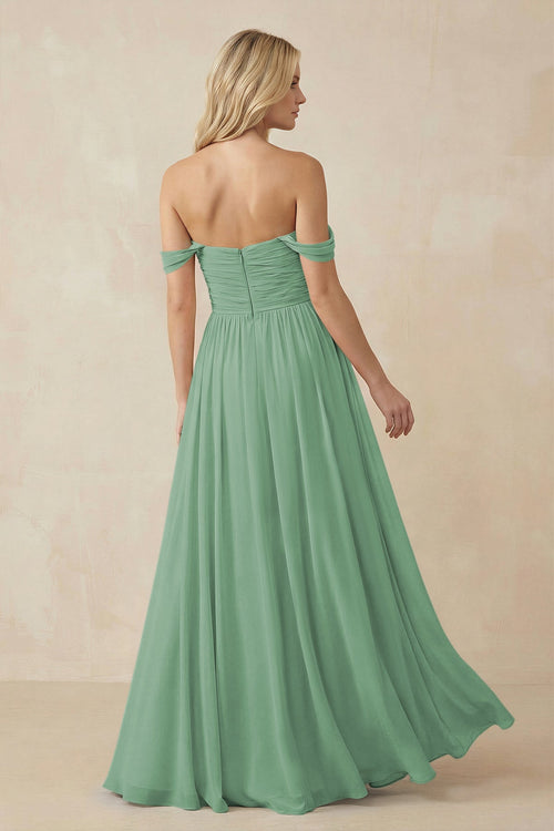 A-Line Pleated Long Chiffon Bridesmaid Dress in Sea Glass