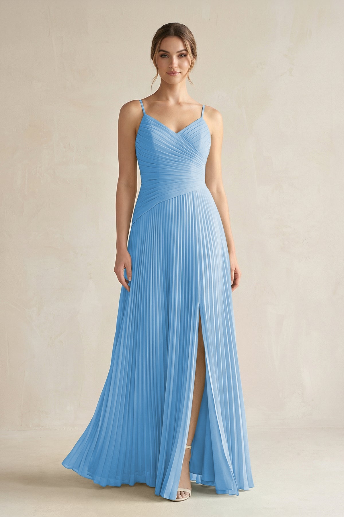 Pleated A-Line Long Chiffon Bridesmaid Dress in Steel Blue