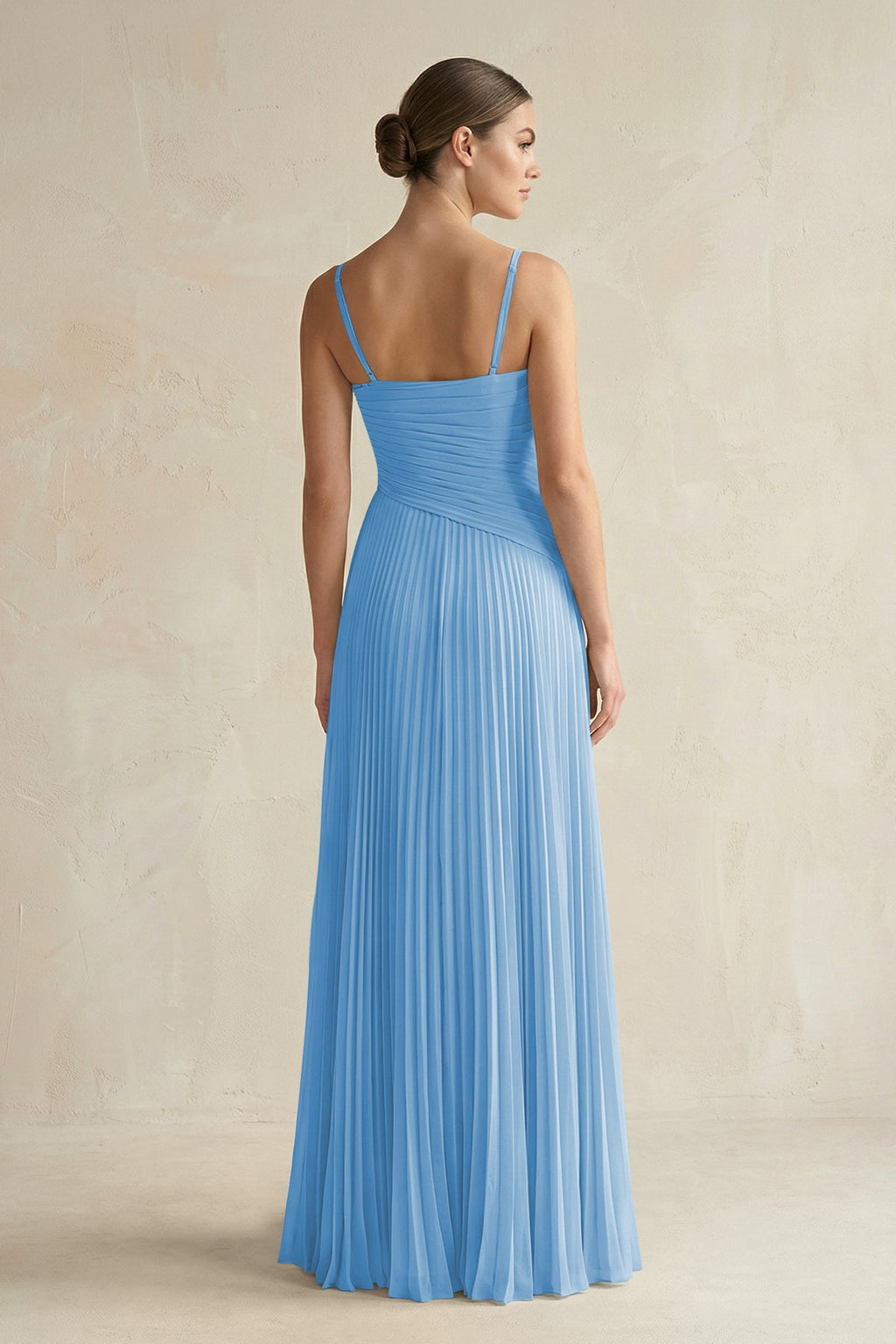 Pleated A-Line Long Chiffon Bridesmaid Dress in Steel Blue
