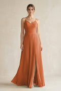 Pleated A-Line Long Chiffon Bridesmaid Dress in Terracotta