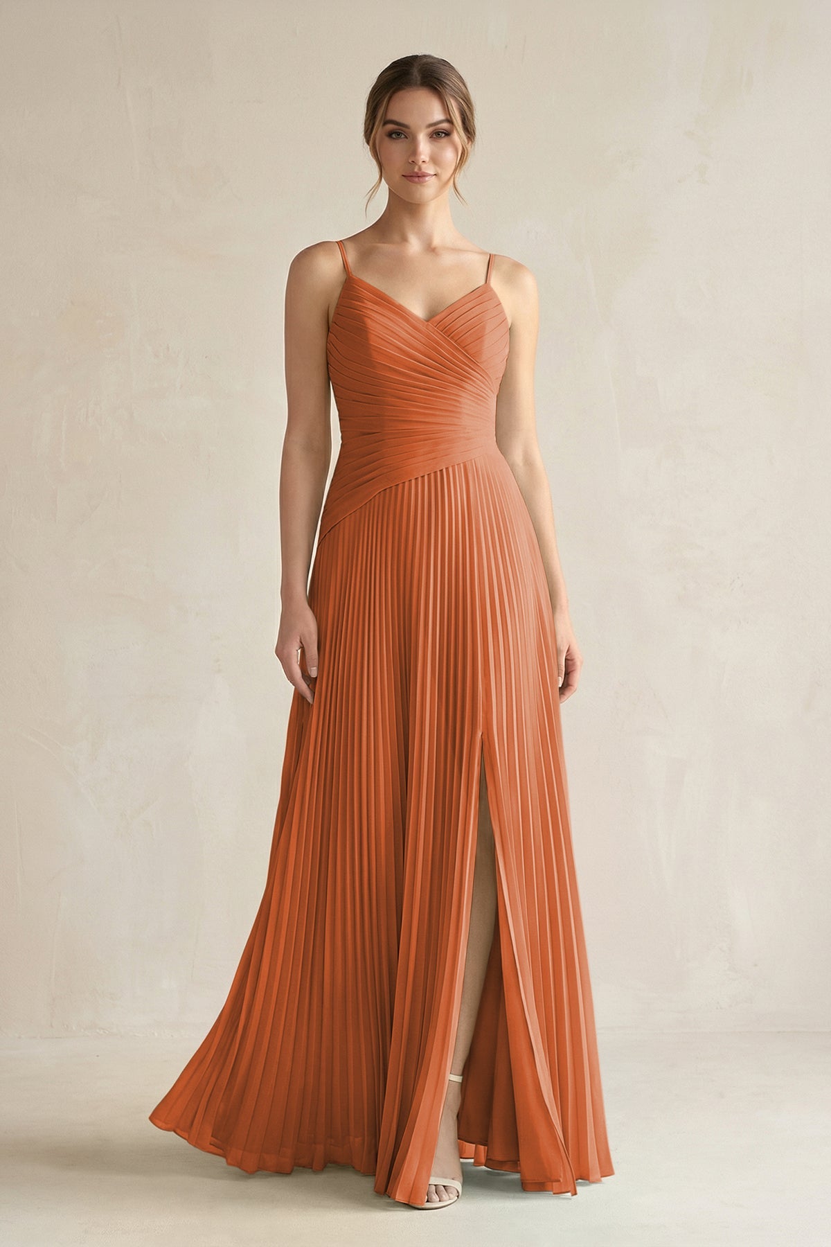 Pleated A-Line Long Chiffon Bridesmaid Dress in Terracotta