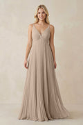 Pleated V - Neck A - Line Chiffon Bridesmaid Dress in Almond - SHE IS ME Bridesmaid Dresses
